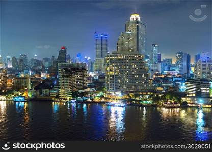 Downtown Bangkok city at night, Chao Phraya River, Thailand