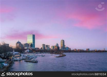 Downtown Boston city skyline  cityscape of Massachusetts in United States at sunset