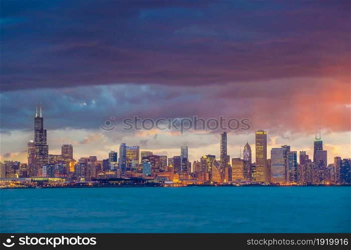 Downtown Chicago city skyline cityscape in United States of America at sunset