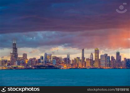 Downtown Chicago city skyline cityscape in United States of America at sunset