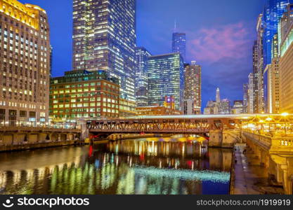 Downtown Chicago city skyline cityscape in United States of America at sunset