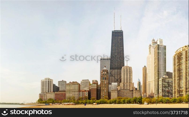 Downtown Chicago, IL on a sunny day as seen from Lake Michigan