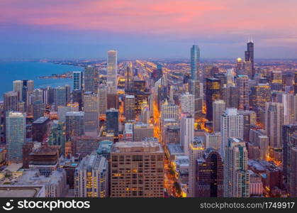 Downtown chicago skyline at sunset Illinois, USA