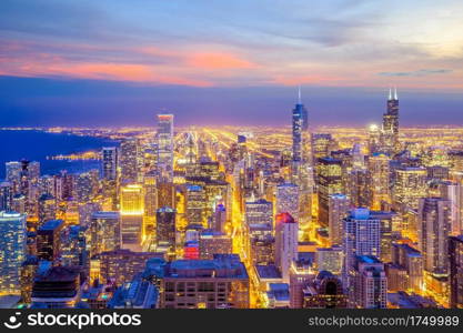 Downtown chicago skyline at sunset Illinois, USA