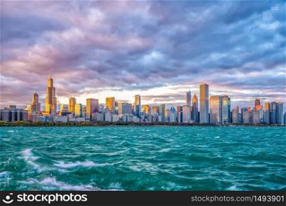 Downtown chicago skyline at sunset in Illinois, USA