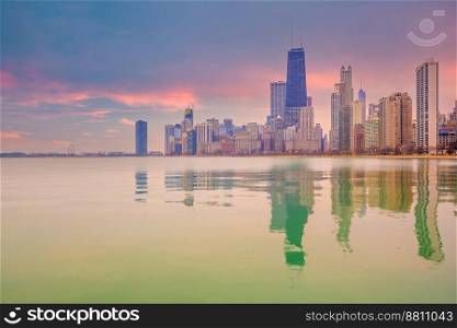 Downtown chicago skyline cityscape of Illinois, USA at sunset 