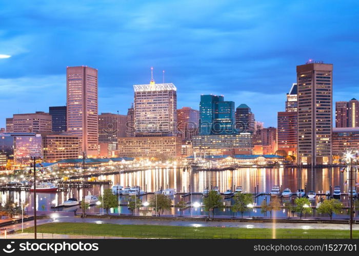 Downtown city skyline and Inner Harbor, Baltimore, Maryland, USA