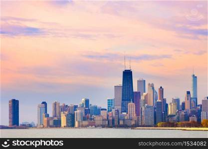 Downtown city skyline of Chicago at dawn, Illinois, USA