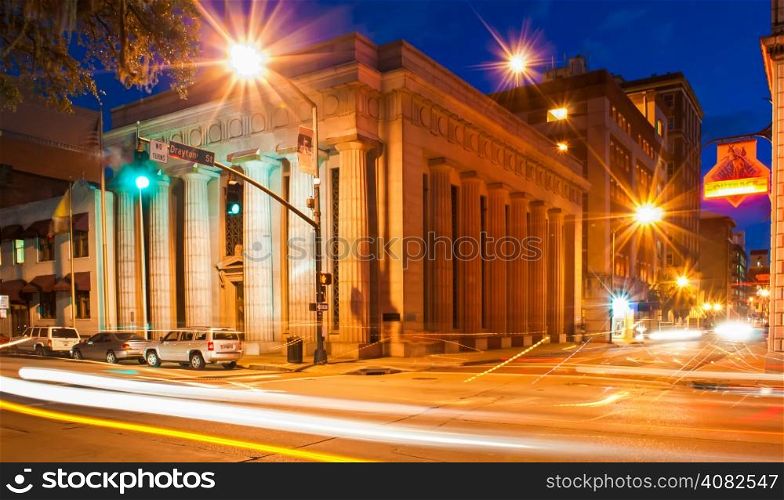 downtown city streets in Savannah, Georgia at night