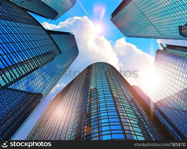 Downtown corporate business district architecture concept: 3D render illustration of the glass reflective office buildings skyscrapers against blue sky with clouds and sun light