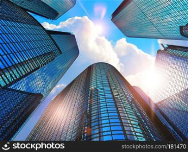 Downtown corporate business district architecture concept: 3D render illustration of the glass reflective office buildings skyscrapers against blue sky with clouds and sun light