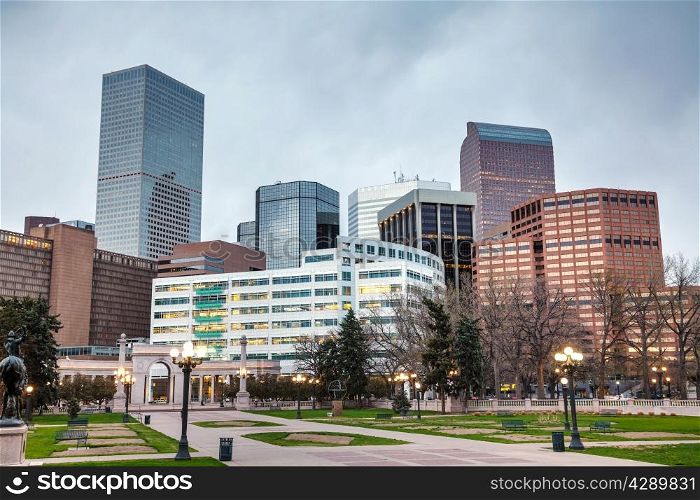 Downtown Denver cityscape in the evening
