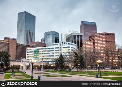Downtown Denver cityscape in the evening