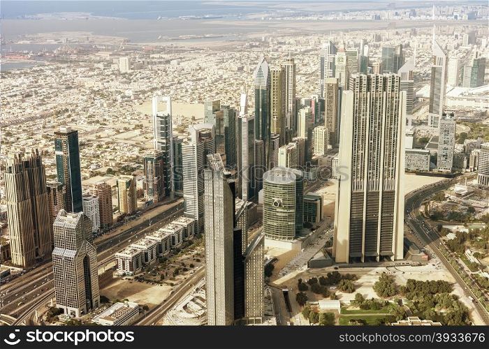 Downtown Dubai. Skyscrapers and road. The Buildings In The Emirate Of Dubai