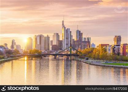 Downtown Frankfurt city skyline, cityscape of  Germany at sunset
