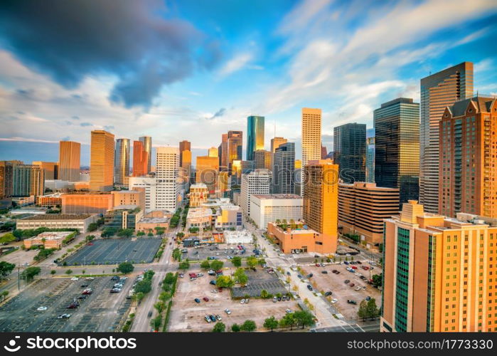 Downtown Houston skyline in Texas USA at twilight