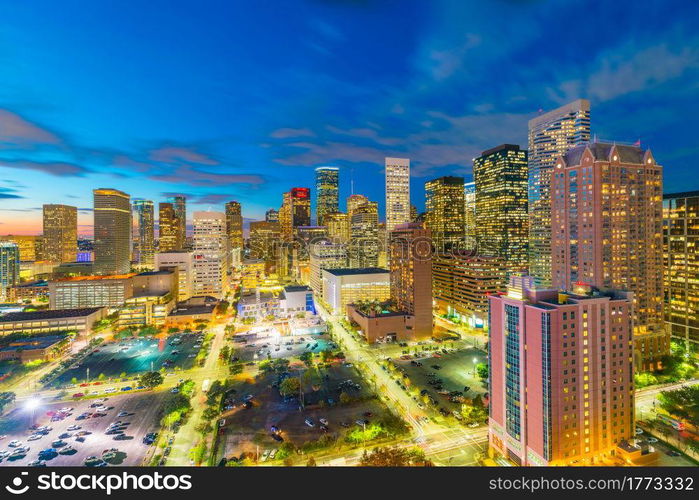 Downtown Houston skyline in Texas USA at twilight