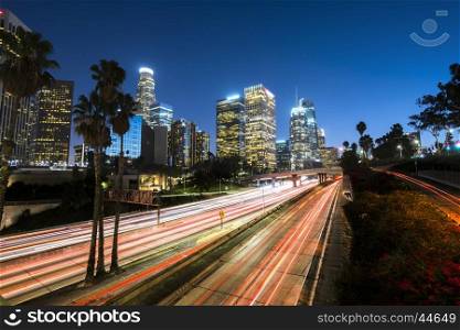 Downtown Los Angeles at night with light trails