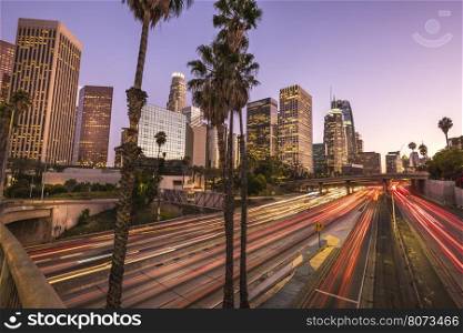 Downtown Los Angeles at sunset with light trails