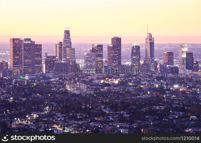 Downtown Los Angeles skyline at sunrise