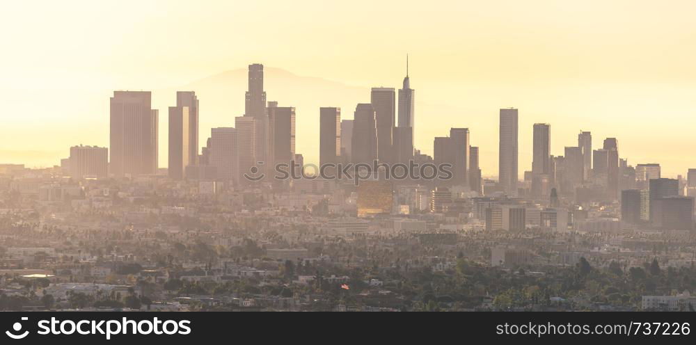 Downtown Los Angeles skyline at sunrise