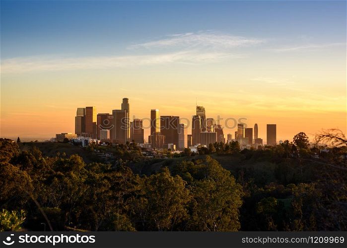 Downtown Los Angeles skyline at sunset