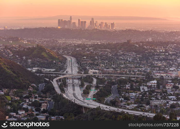 Downtown Los Angeles skyline at sunset