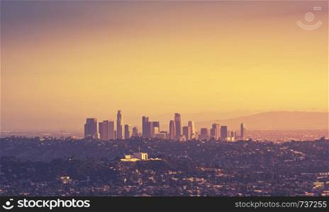 Downtown Los Angeles skyline at sunset