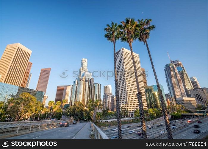 Downtown Los Angeles skyline with blue sky