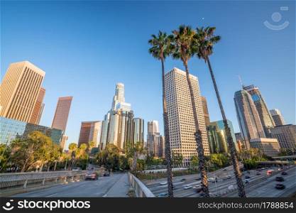 Downtown Los Angeles skyline with blue sky