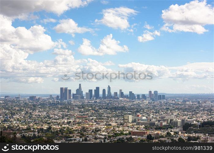 Downtown Los Angeles skyscrapers at sunny cloudy day