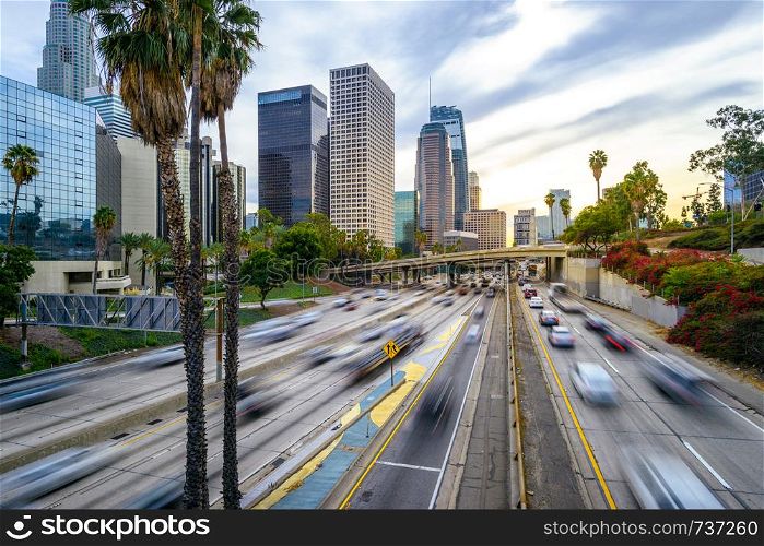 Downtown Los Angeles traffic at sunset