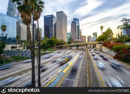 Downtown Los Angeles traffic at sunset