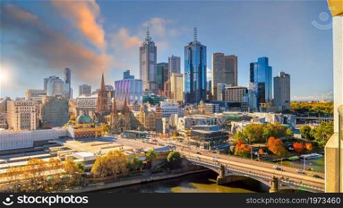 Downtown Melbourne city skyline cityscape of Australia at sunset from top view
