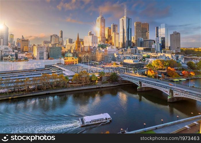 Downtown Melbourne city skyline cityscape of Australia at sunset from top view