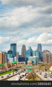 Downtown Minneapolis cityscape on a cloudy day