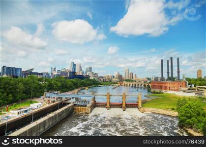 Downtown Minneapolis, Minnesota with Mississippi river in the morning