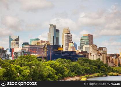 Downtown Minneapolis, Minnesota with Mississippi river in the morning