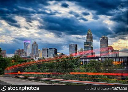 Downtown of Charlotte North Carolina skyline with dramatic sky