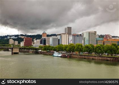 Downtown Portland cityscape on an overcast day