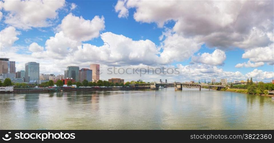 Downtown Portland cityscape panorama on an overcast day