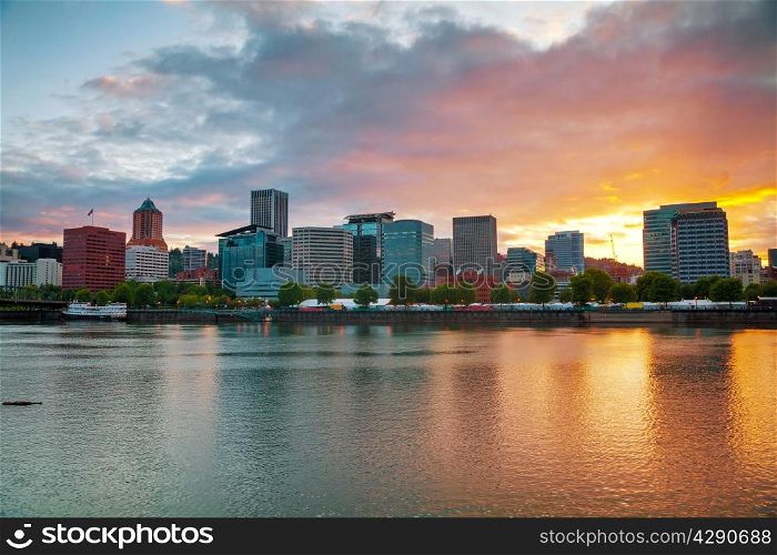 Downtown Portland, Oregon cityscape at the sunset time