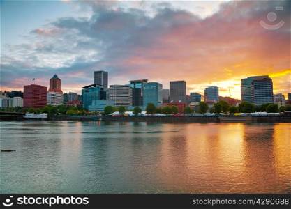 Downtown Portland, Oregon cityscape at the sunset time