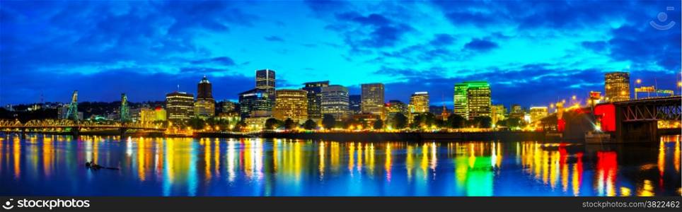Downtown Portland, Oregon cityscape panorama at the night time