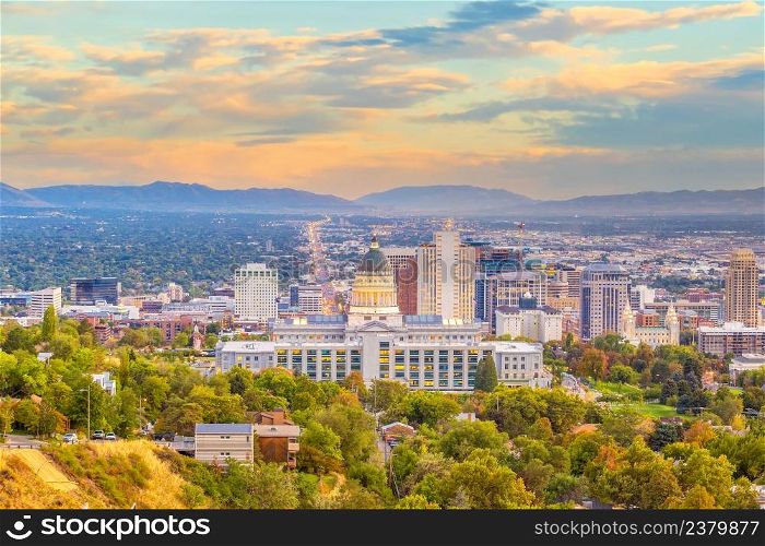 Downtown Salt Lake City skyline cityscape of Utah in USA at sunset