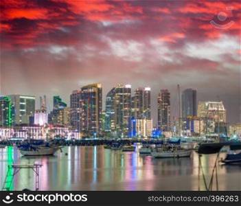 Downtown San Diego at sunset, California. View from the city port.