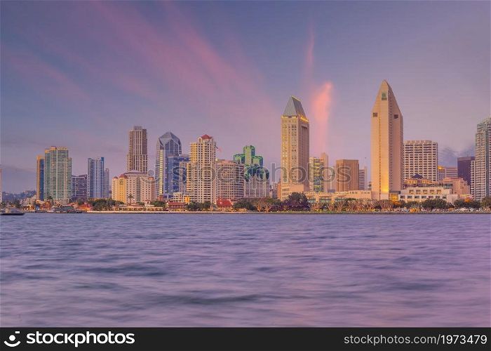 Downtown San Diego city skyline cityscape of USA at sunset