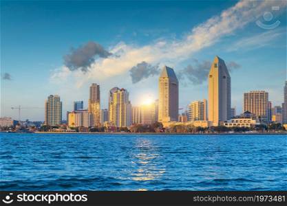 Downtown San Diego city skyline cityscape of USA at sunset