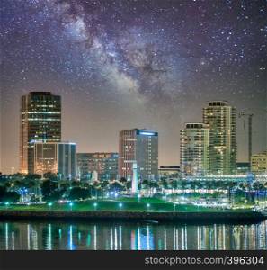 Downtown San Diego on a starry night, California. View from the city port.