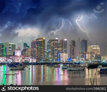 Downtown San Diego with storm approaching, California. View from the city port.